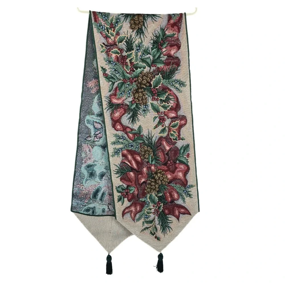 Christmas Woven Tapestry Table Runner Poinsettia Pinecone Tassel Green Red 70in
